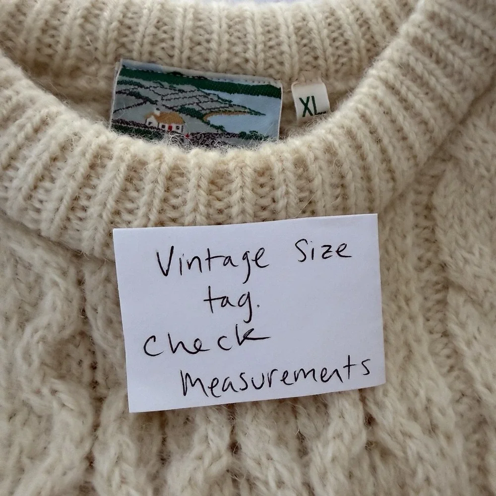 Vtg Irish Wool Fisherman Sweater Aran Knit Chunky Ivory Cable Knit Cream *READ*